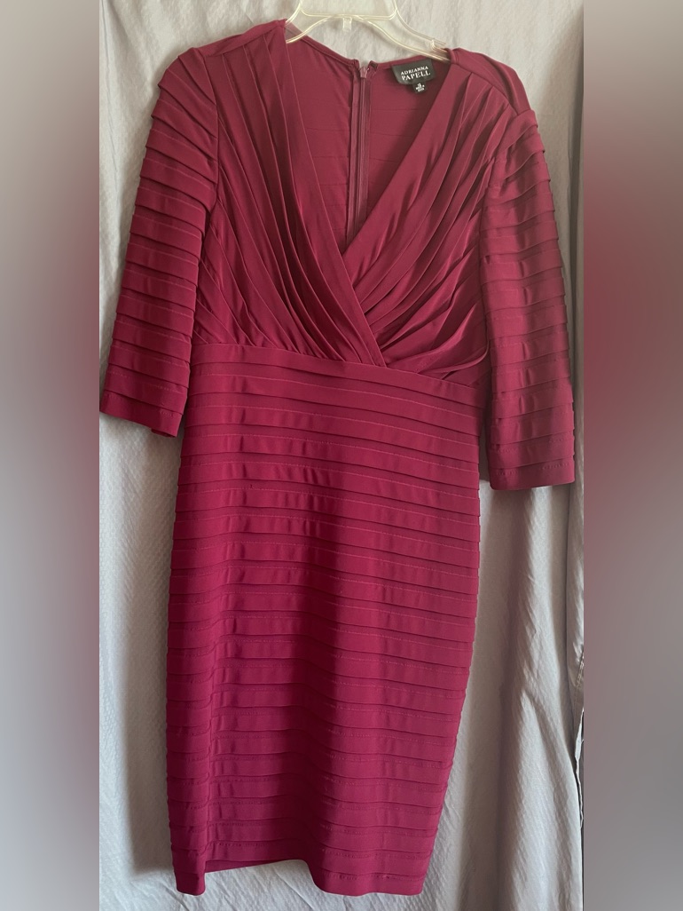 Adrianna Papell Rose-Red Pleated Wrap-Front Sheath Dress